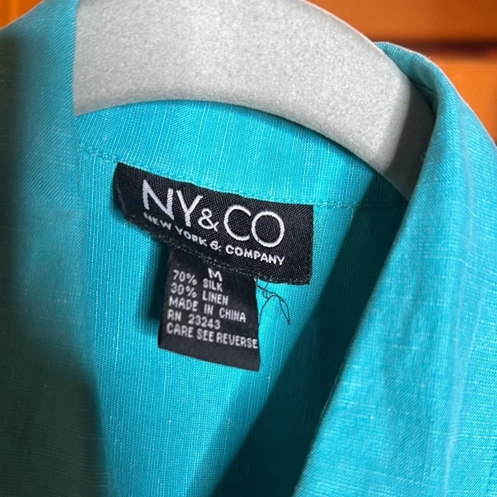 New York & Company Silk Linen Teal Sleeveless Button Down Top Size Medium